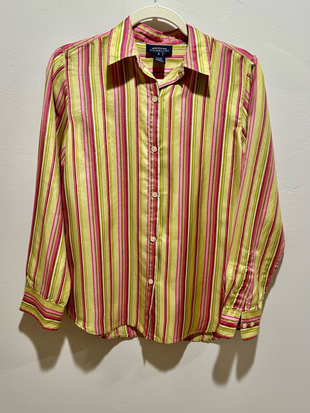 Jones New York Signature 100% Silk Pink Lime Striped Button Down Blouse Small